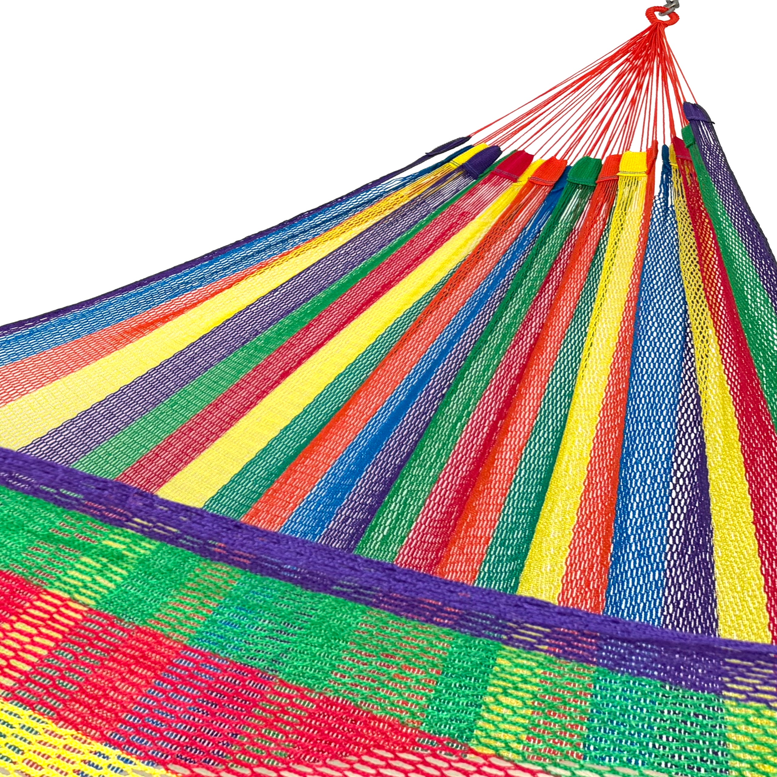 Interior mostrando brazo y tejido de hamaca tipo red de nylon king size arcoíris