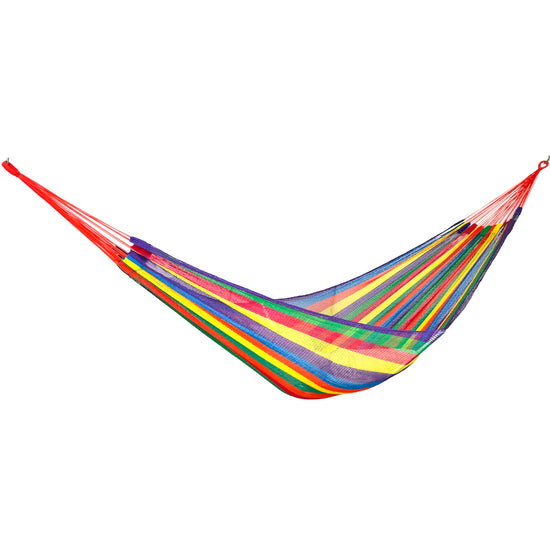 Hamaca tipo red de nylon king size arcoíris vista lateral