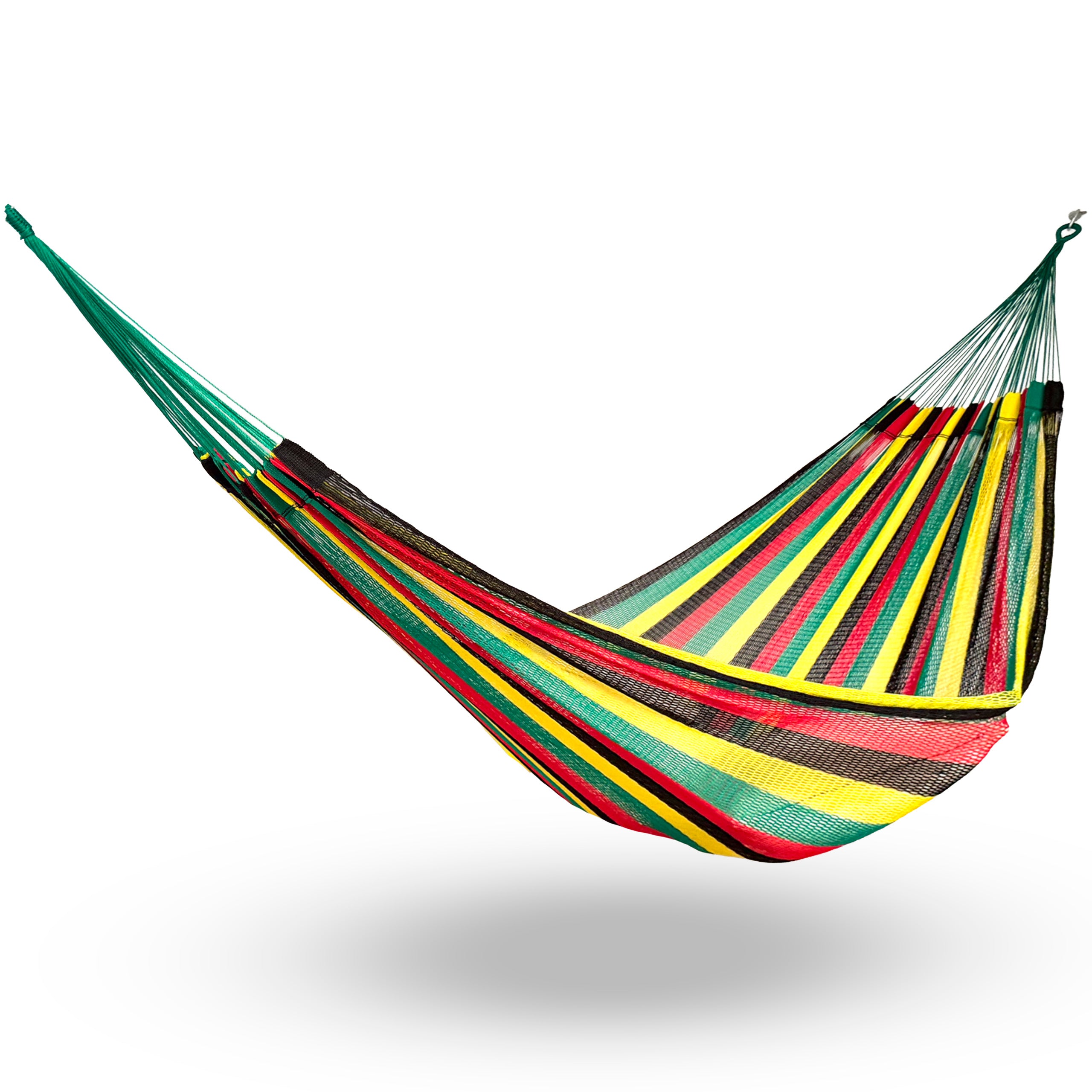 Hamaca tipo red de nylon king size color Camerún colgada y abierta