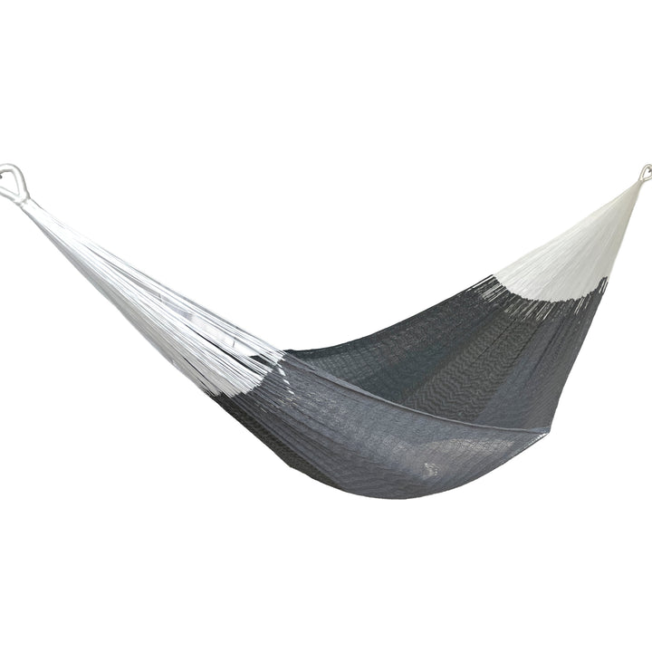 Hamaca yucateca artesanal de algodón king size gris y verde vista de lado