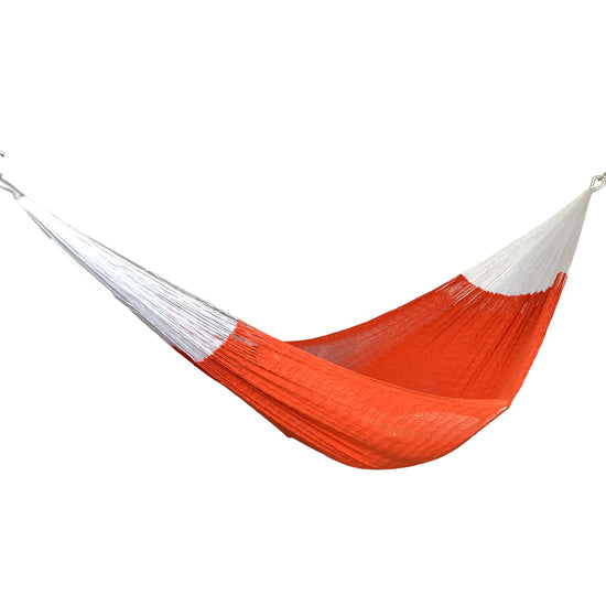 Hamaca yucateca artesanal de algodón king size color naranja vista de lado