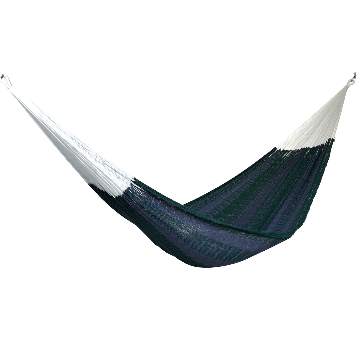 Hamaca yucateca artesanal de algodón matrimonial color verde y azul vista de lado