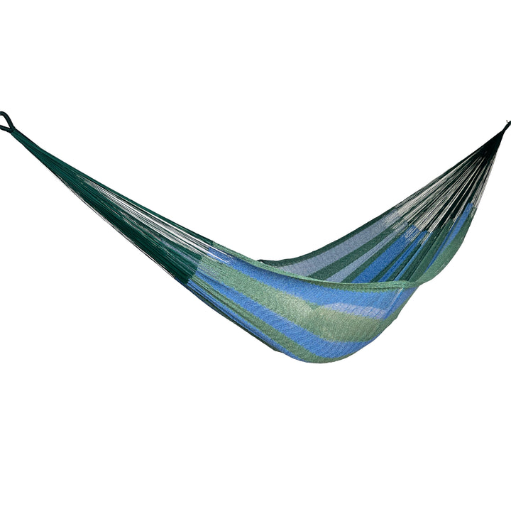 Hamaca Yucateca artesanal de algodón suave color azul y verde vista lateral