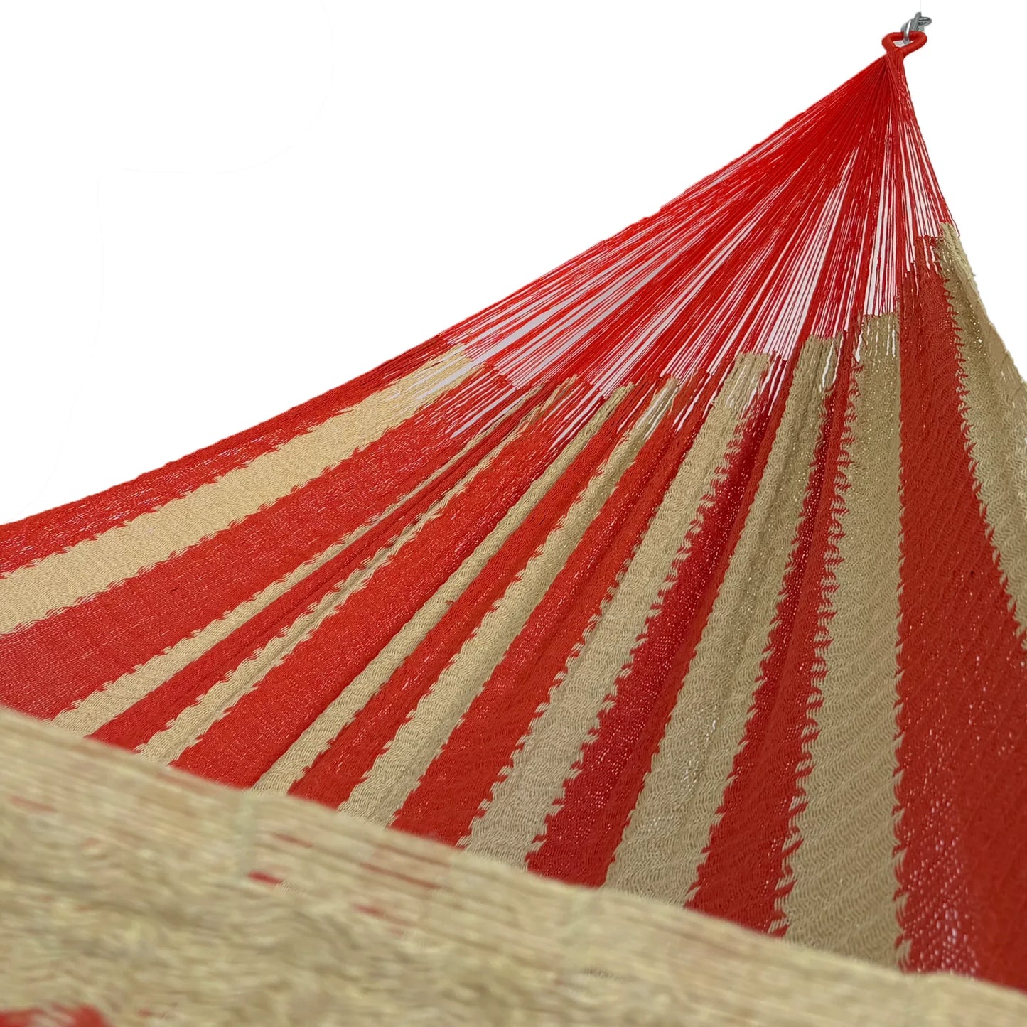 Interior de hamaca Yucateca artesanal de algodón suave modelo Naranja y Beige mostrando el tejido y el brazo