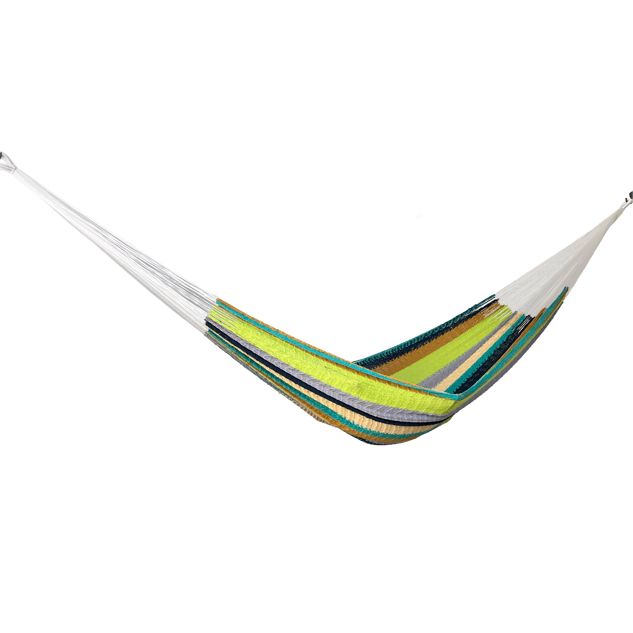 Hamaca Yucateca artesanal de algodón suave rayada multicolor vista lateral