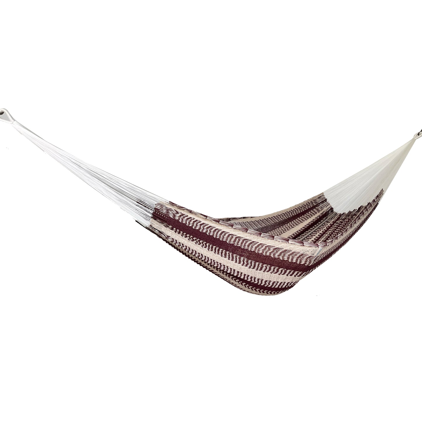 Hamaca Yucateca artesanal de algodón suave color rojo vino y beige vista lateral