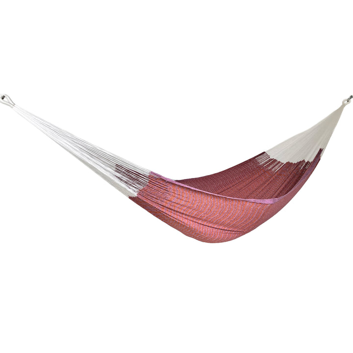 Hamaca Yucateca artesanal de algodón suave color rosa y naranja vista lateral