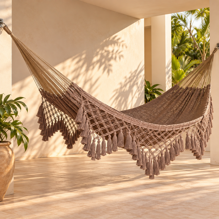 Hamaca yucateca artesanal de algodón café con macramé colgada en una terraza con plantas tropicales