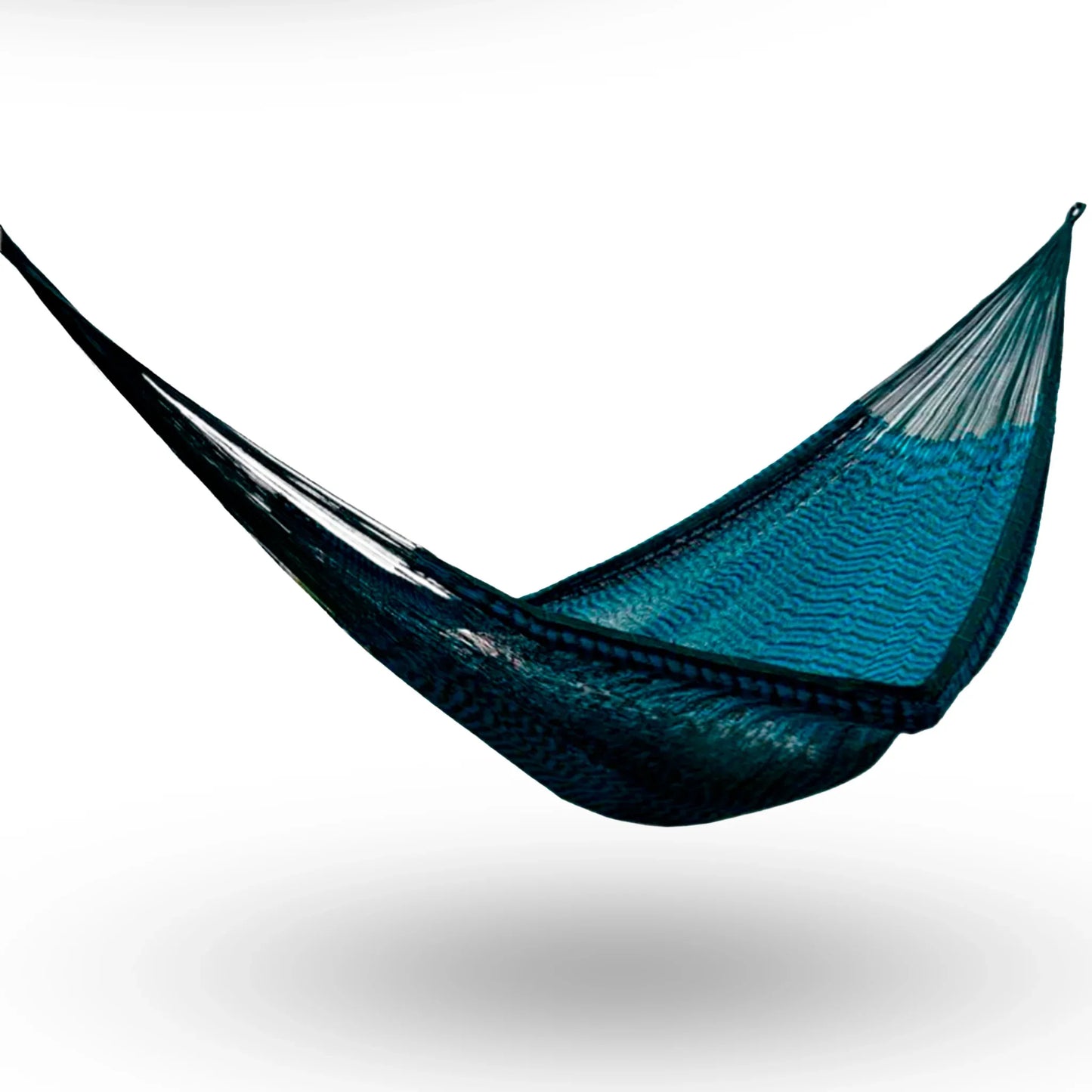 Hamaca Yucateca artesanal de hilo 18 de nylon colores azul petróleo y verde colgada y abierta