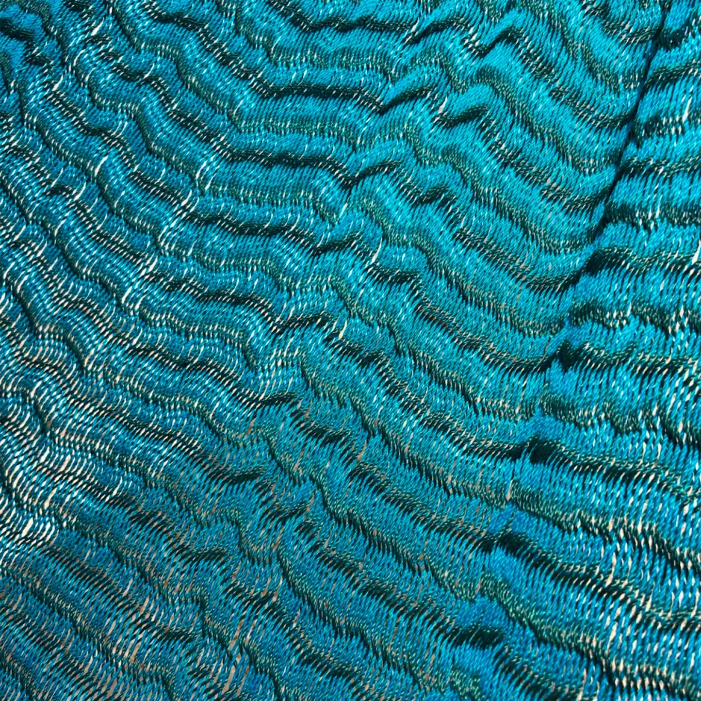Detalle del tejido de hilo 18 de nylon de hamaca Yucateca artesanal azul petróleo y verde