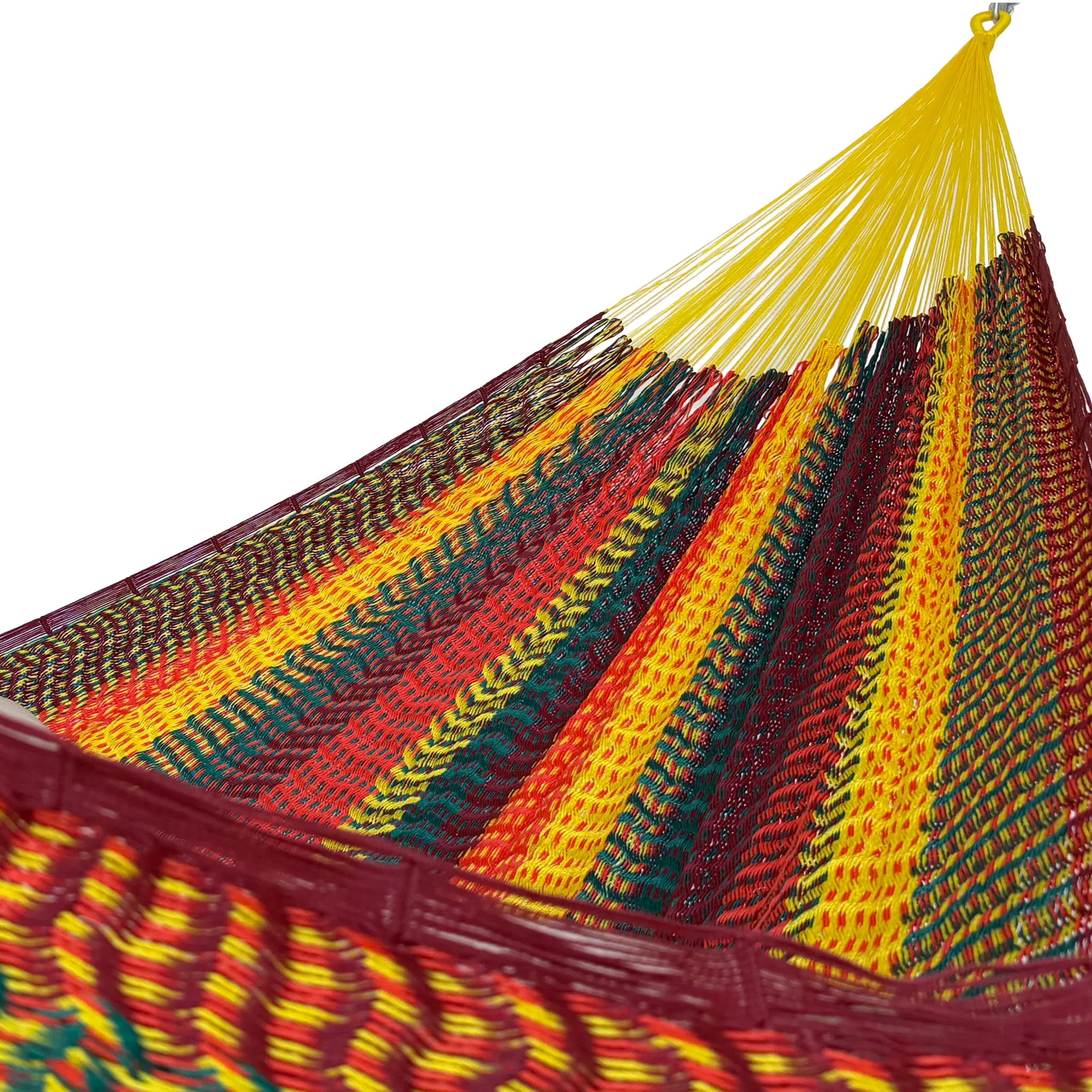Interior de hamaca Yucateca de hilo 18 de nylon colores variados mostrando el tejido y el brazo