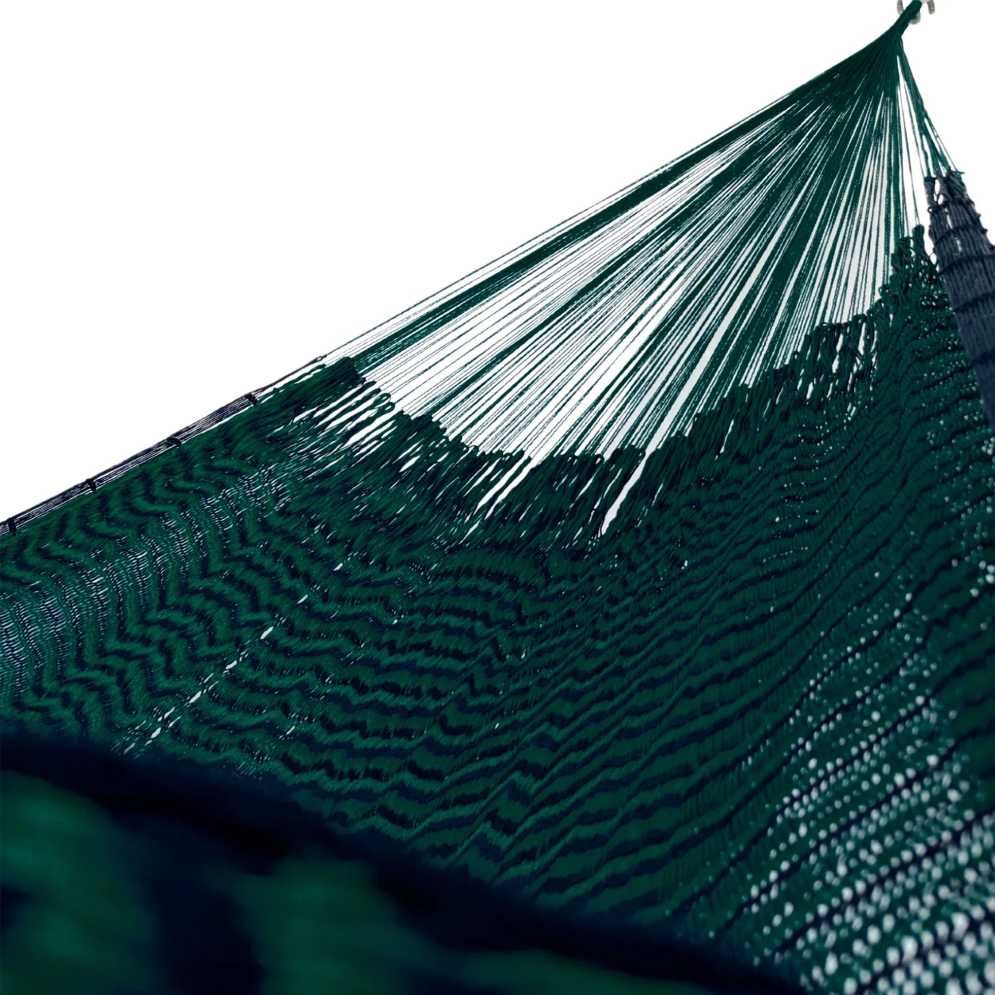 Interior de hamaca Yucateca de hilo 18 de nylon verde oscuro y azul oscuro mostrando el tejido y el brazo