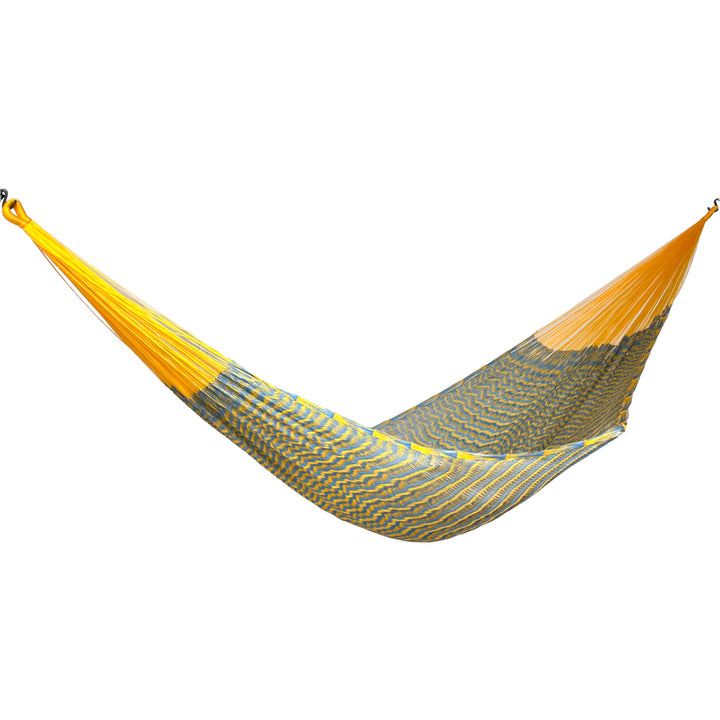 Hamaca Yucateca artesanal de nylon hilo 18 color amarillo y azul vista lateral