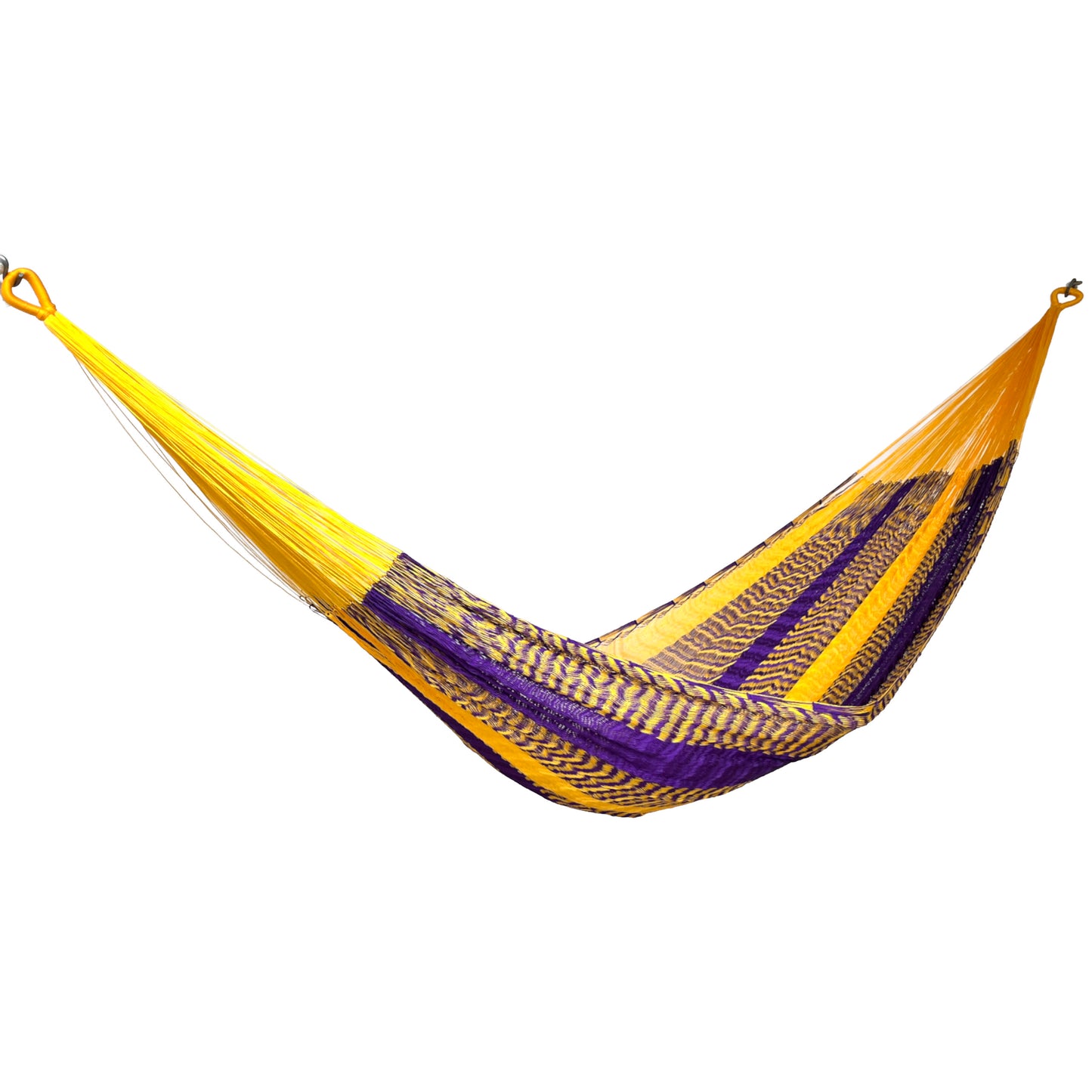 Hamaca Yucateca artesanal de nylon hilo 18 color amarillo y morado vista lateral