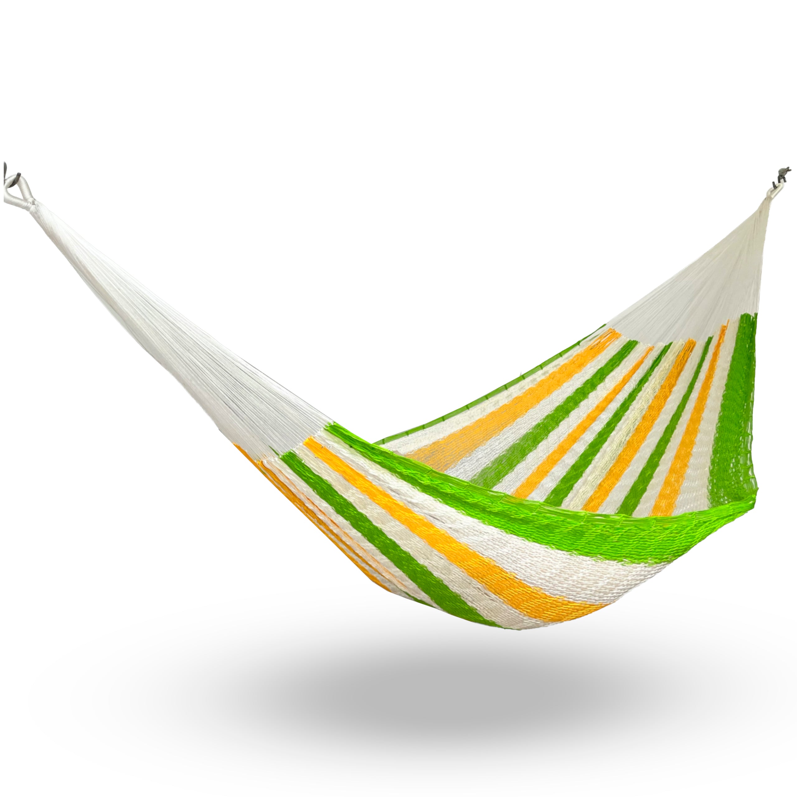 Hamaca Yucateca artesanal de nylon hilo 18 color amarillo y verde colgada y abierta