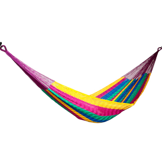 Hamaca Yucateca artesanal de nylon hilo 18 arcoíris vista lateral
