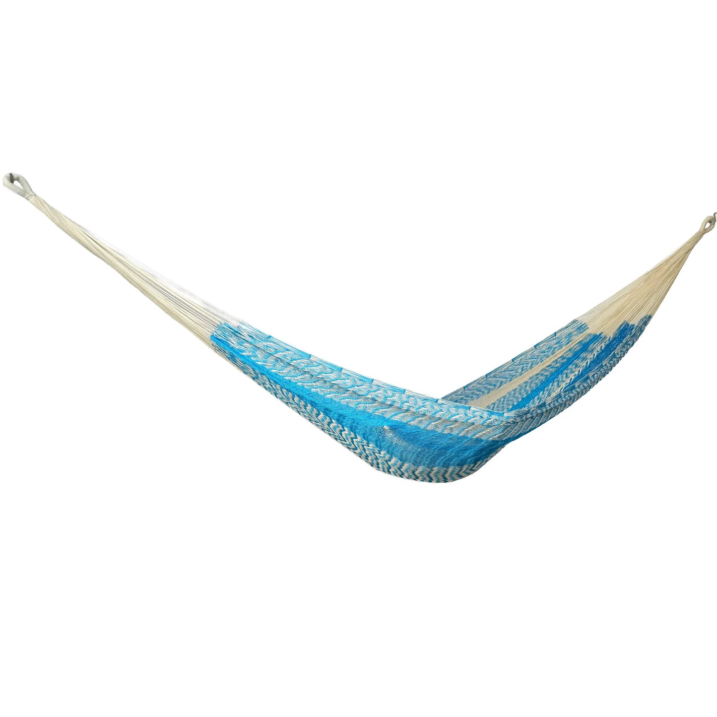 Hamaca Yucateca artesanal de nylon hilo 18 color azul claro y beige vista lateral