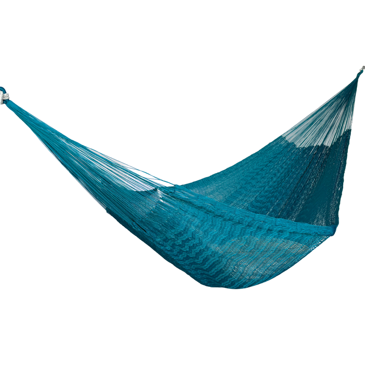 Hamaca Yucateca artesanal de nylon hilo 18 color azul petróleo colgada y abierta