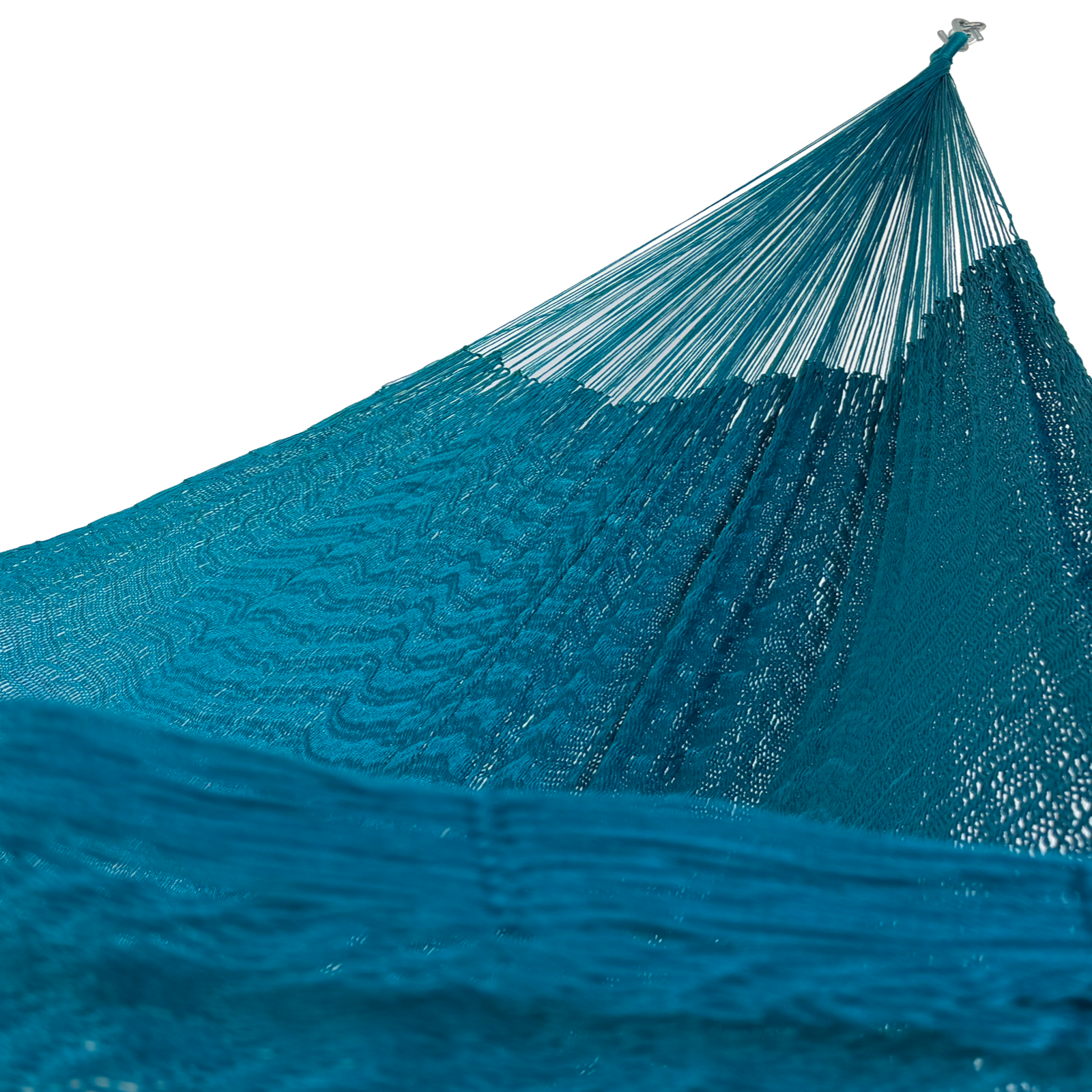 Interior mostrando brazo y tejido de hamaca Yucateca artesanal de nylon hilo 18 color azul petróleo