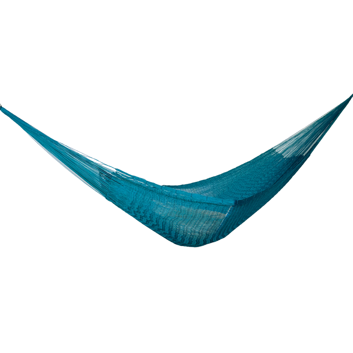 Hamaca Yucateca artesanal de nylon hilo 18 color azul petróleo vista lateral
