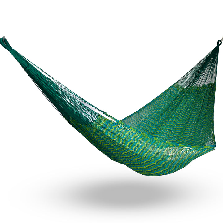 Hamaca Yucateca artesanal de nylon hilo 18 color azul petróleo y verde colgada y abierta