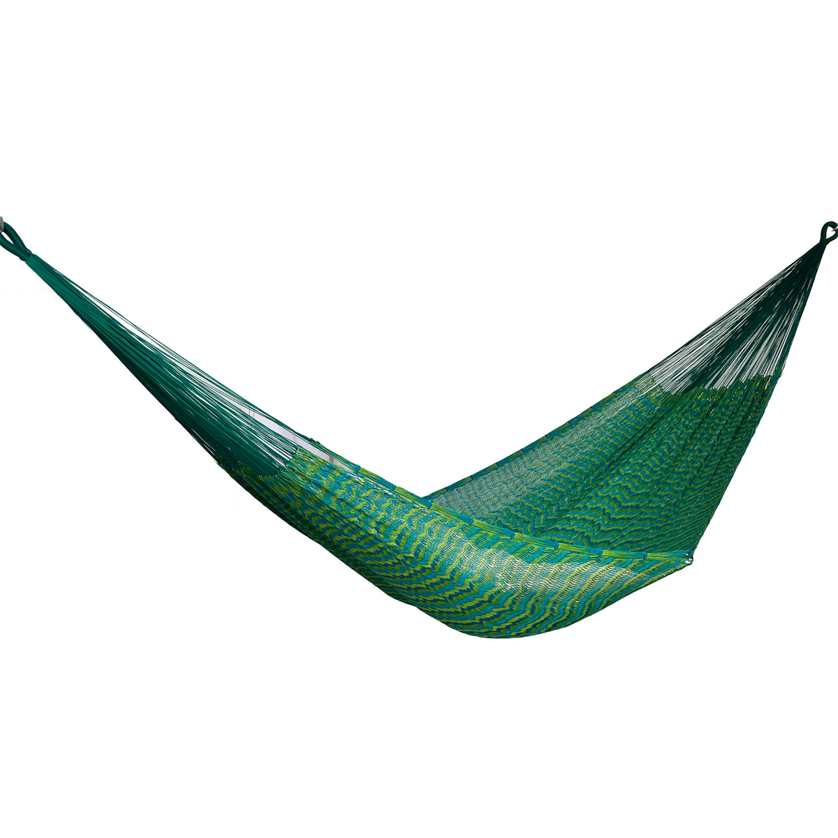 Hamaca Yucateca artesanal de nylon hilo 18 color azul petróleo y verde vista lateral