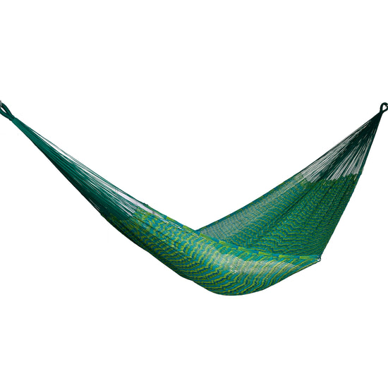 Hamaca Yucateca artesanal de nylon hilo 18 color azul petróleo y verde vista lateral