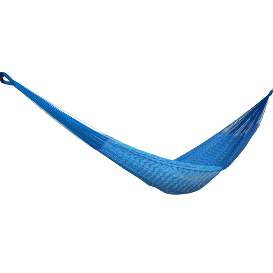 Hamaca Yucateca artesanal de nylon hilo 18 color azul vista lateral