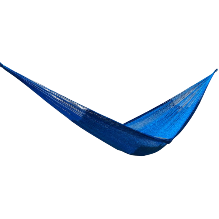 Hamaca Yucateca artesanal de nylon hilo 18 color azul vista lateral