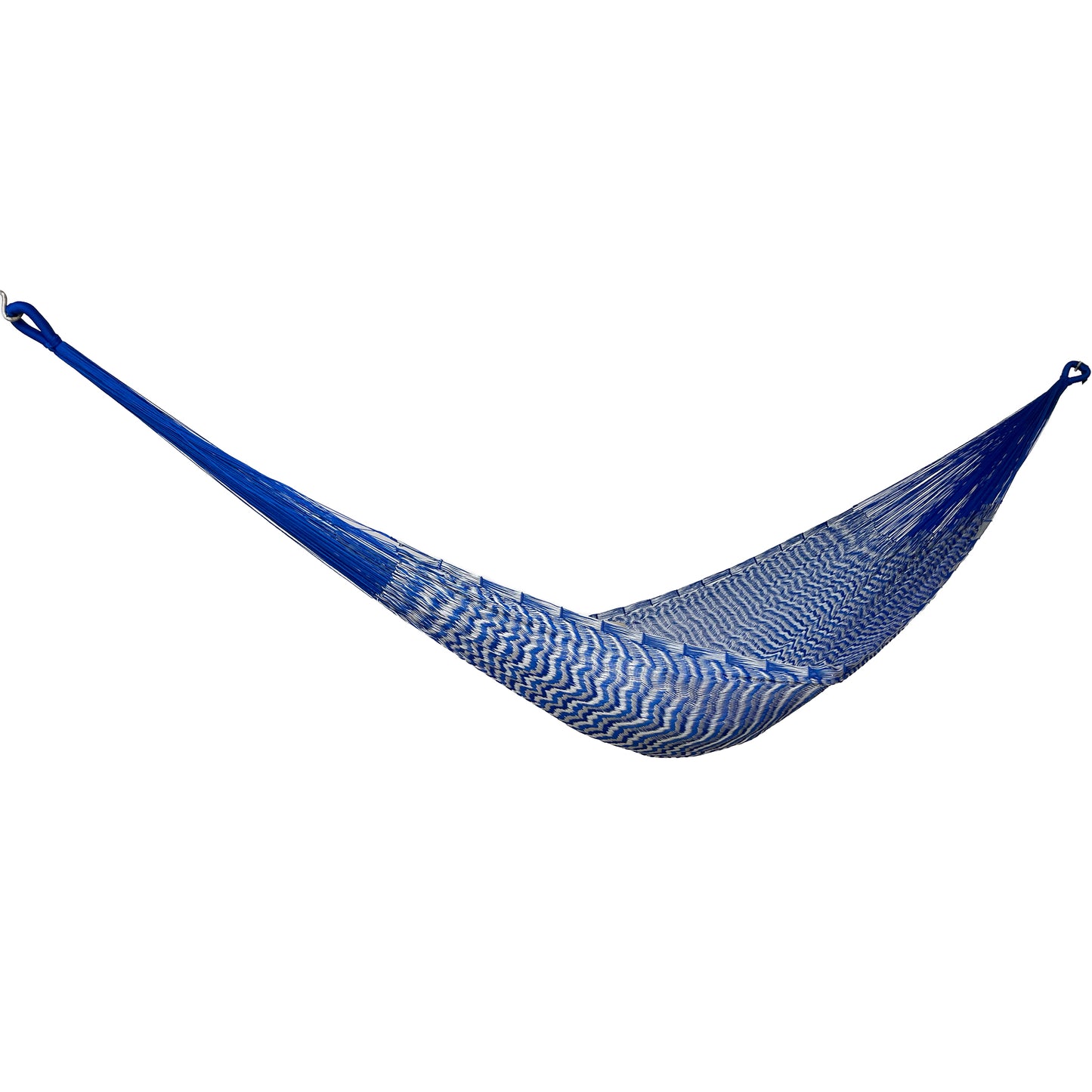 Hamaca Yucateca artesanal de nylon hilo 18 color azul y gris vista lateral