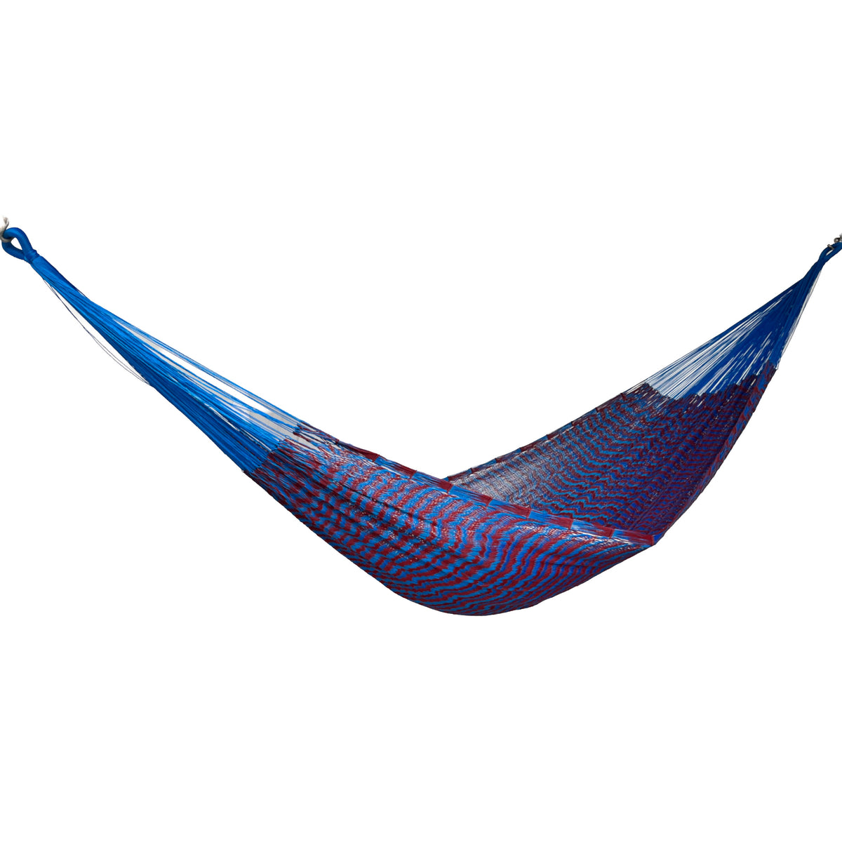 Hamaca Yucateca artesanal de nylon hilo 18 color azul y rojo vista lateral