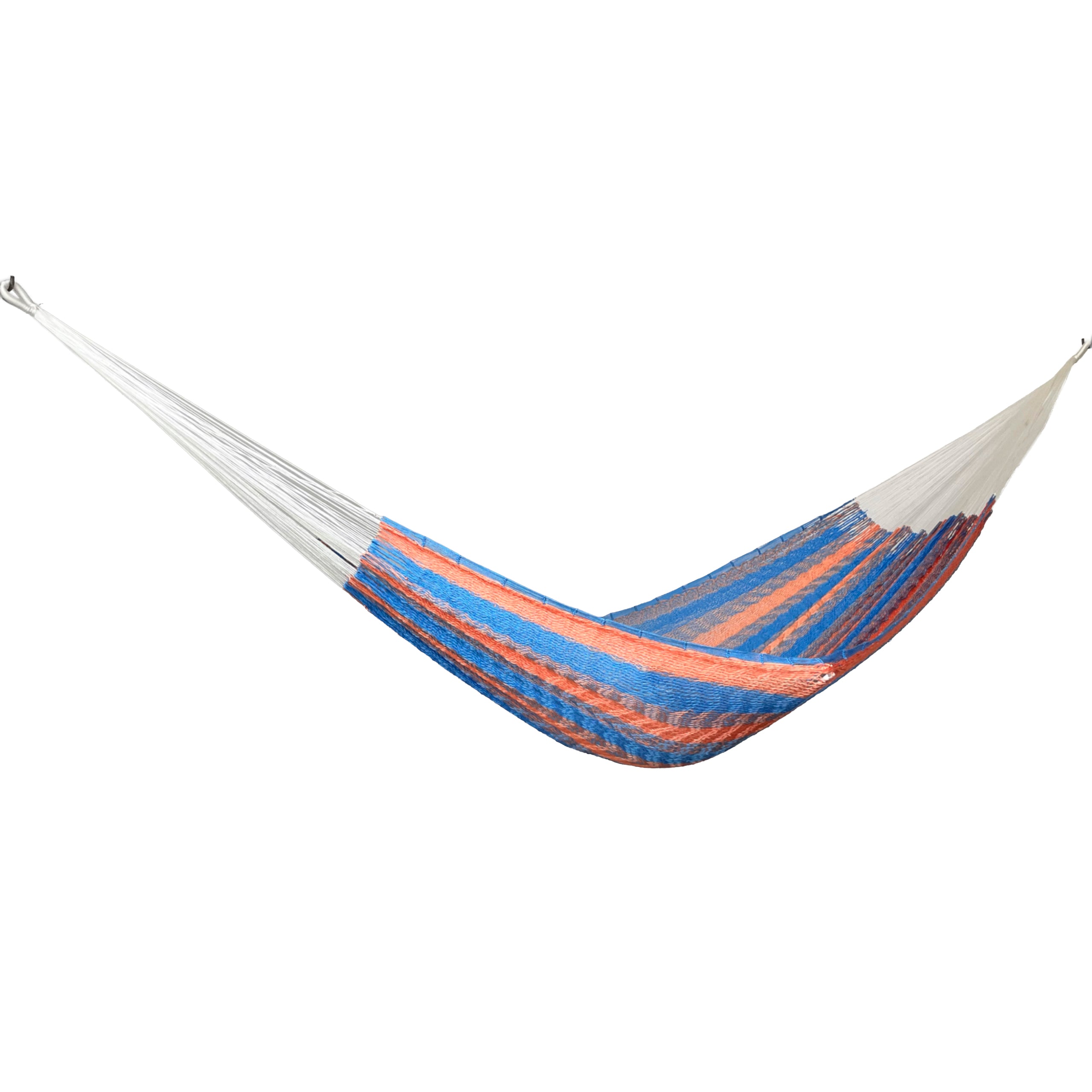 Hamaca Yucateca artesanal de nylon hilo 18 color azul y rosa vista lateral