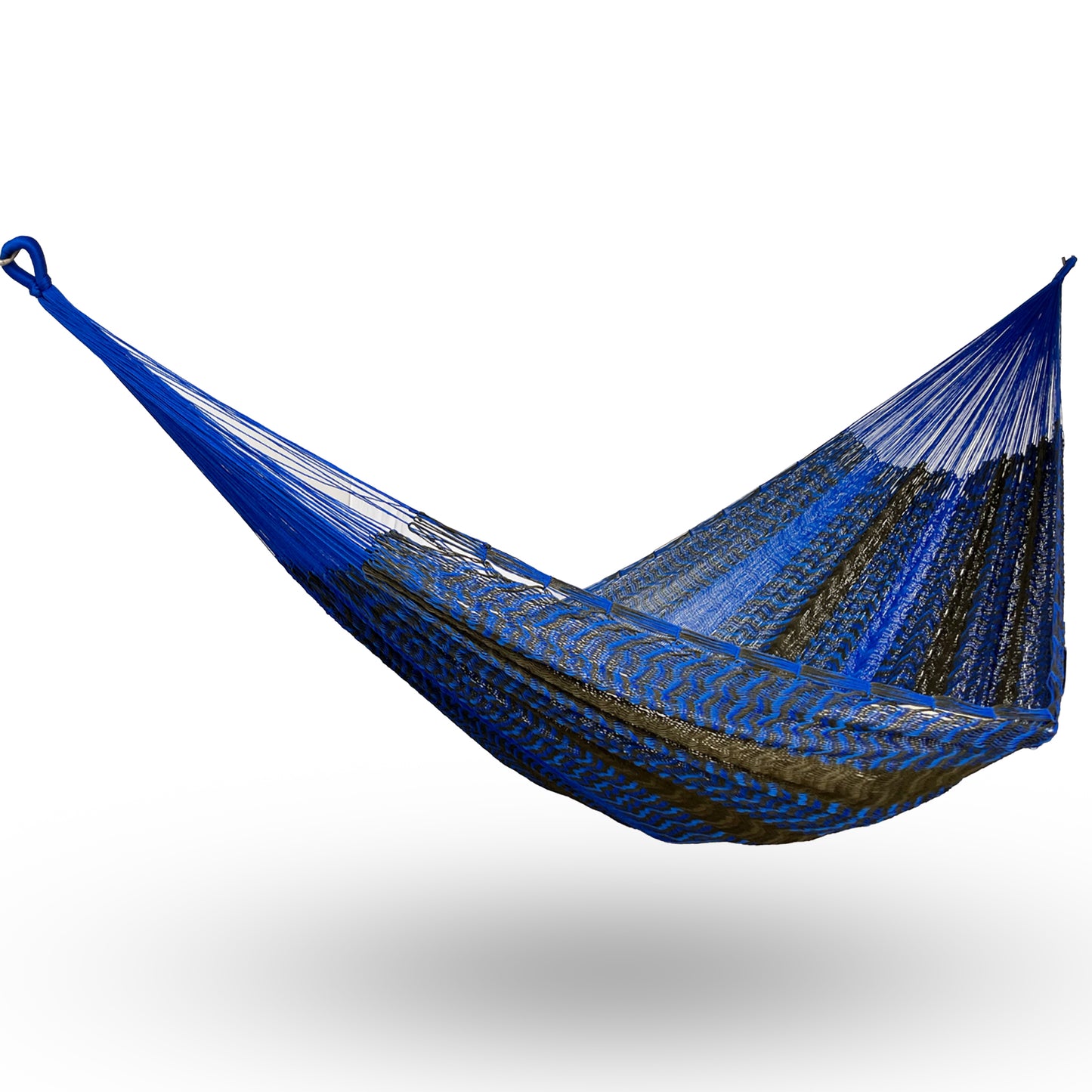 Hamaca Yucateca artesanal de nylon hilo 18 color azul y verde oscuro colgada y abierta