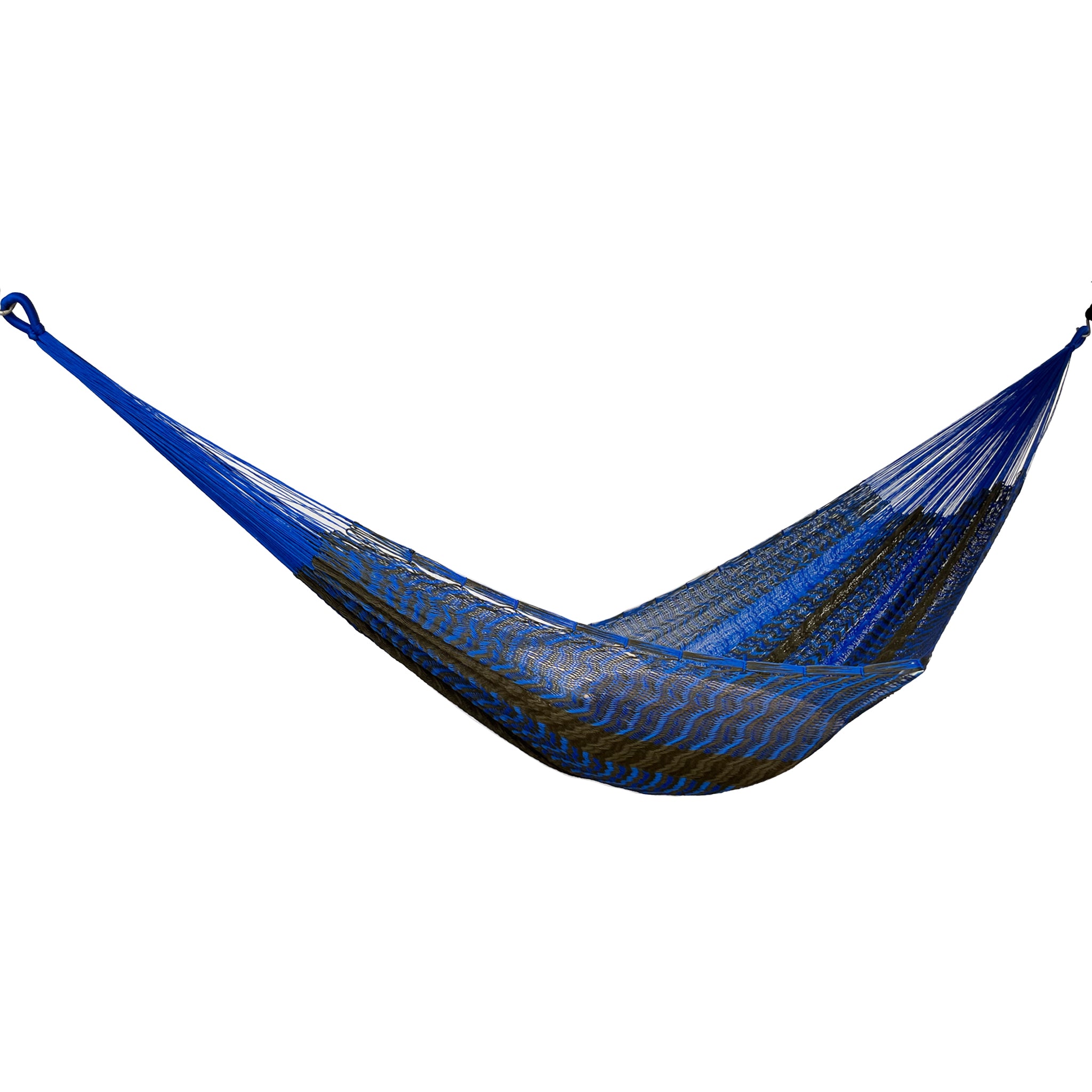 Hamaca Yucateca artesanal de nylon hilo 18 color azul y verde oscuro vista lateral