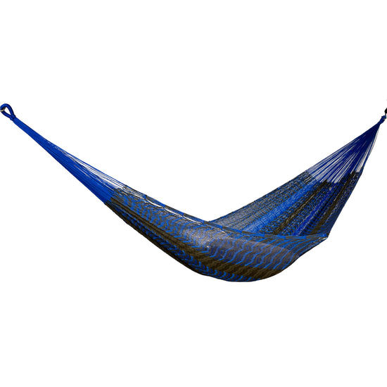 Hamaca Yucateca artesanal de nylon hilo 18 color azul y verde oscuro vista lateral