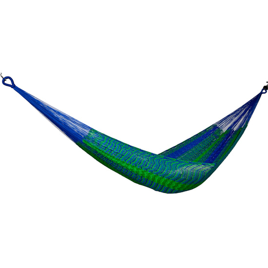Hamaca Yucateca artesanal de nylon hilo 18 color azul y verde vista lateral