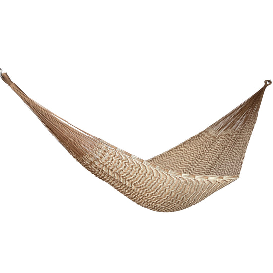 Hamaca Yucateca artesanal de nylon hilo 18 color beige y café vista lateral