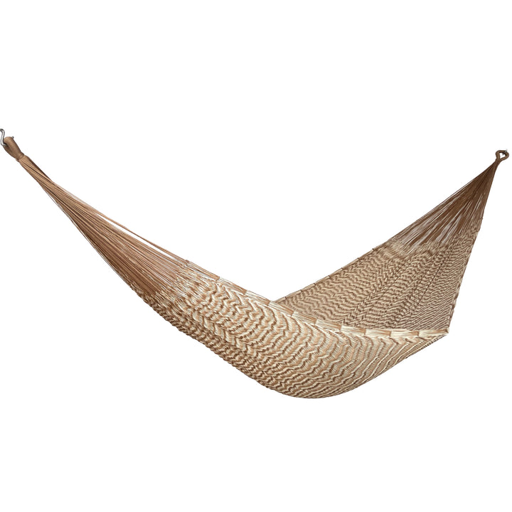 Hamaca Yucateca artesanal de nylon hilo 18 color beige y café vista lateral