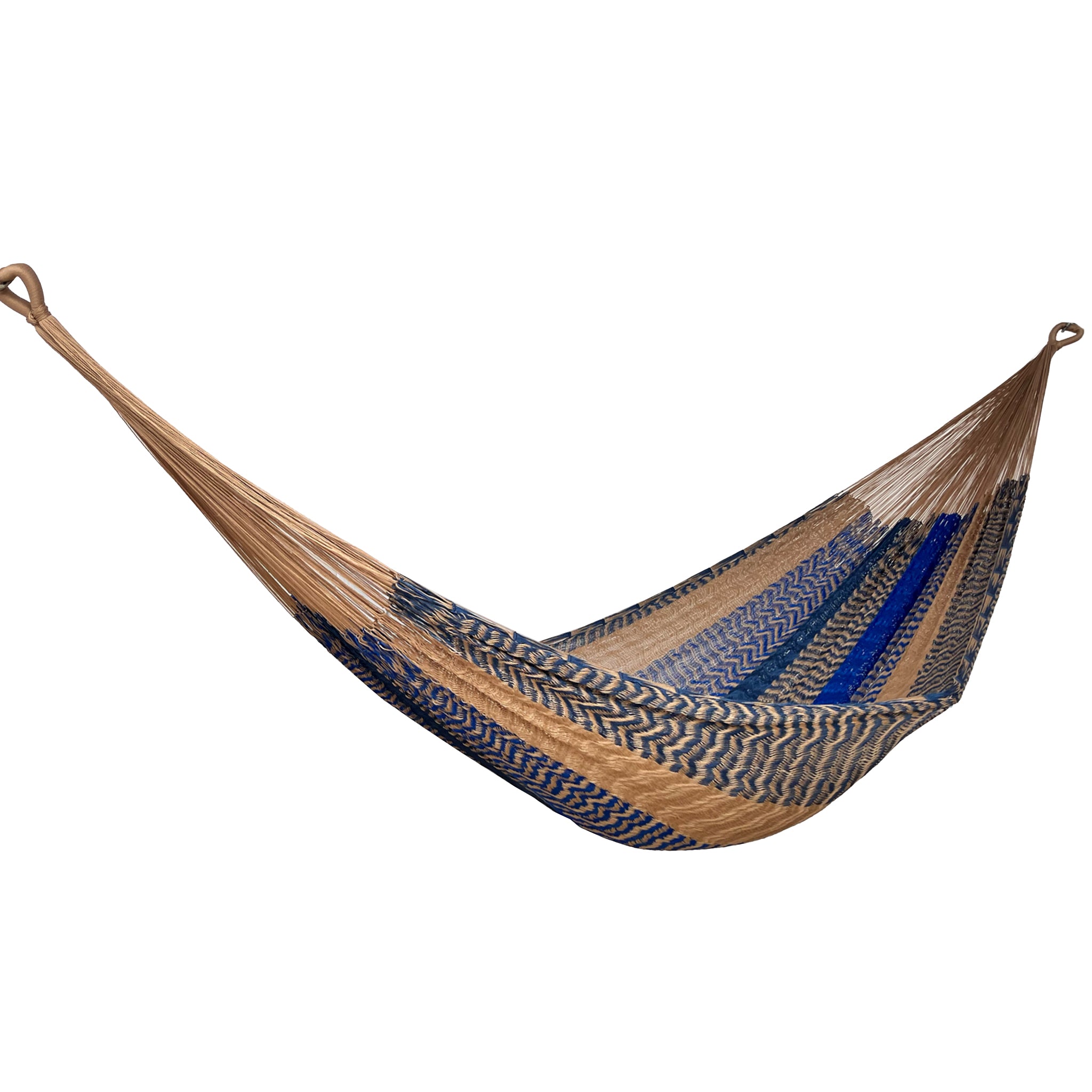 Hamaca Yucateca artesanal de nylon hilo 18 color café dorado y azul vista lateral