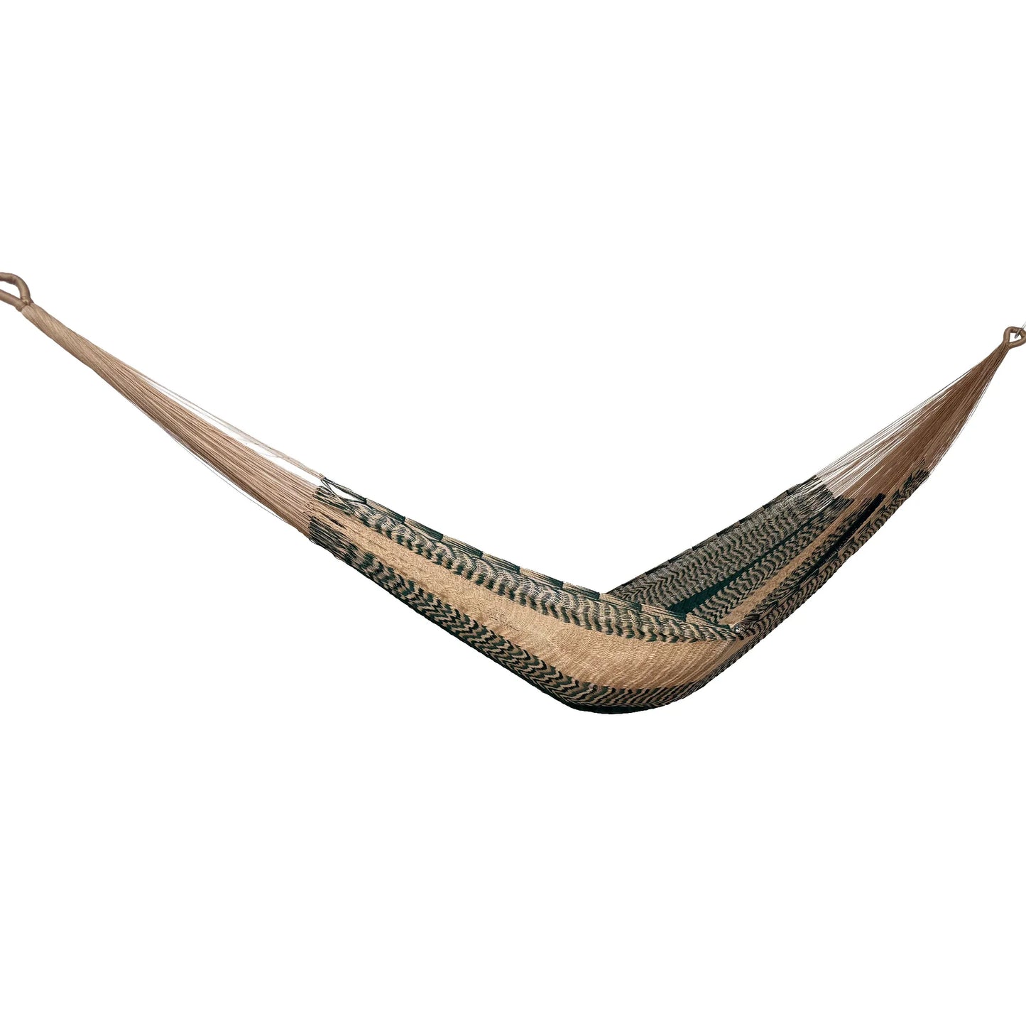 Hamaca Yucateca artesanal de nylon hilo 18 color café y verde vista lateral