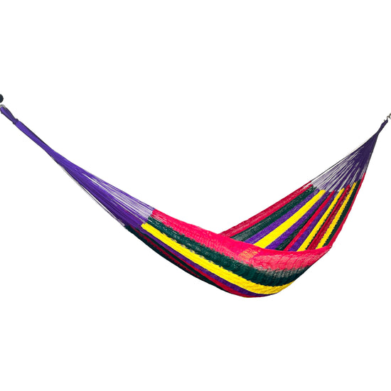 Hamaca Yucateca artesanal de nylon hilo 18 en colores vivos vista lateral