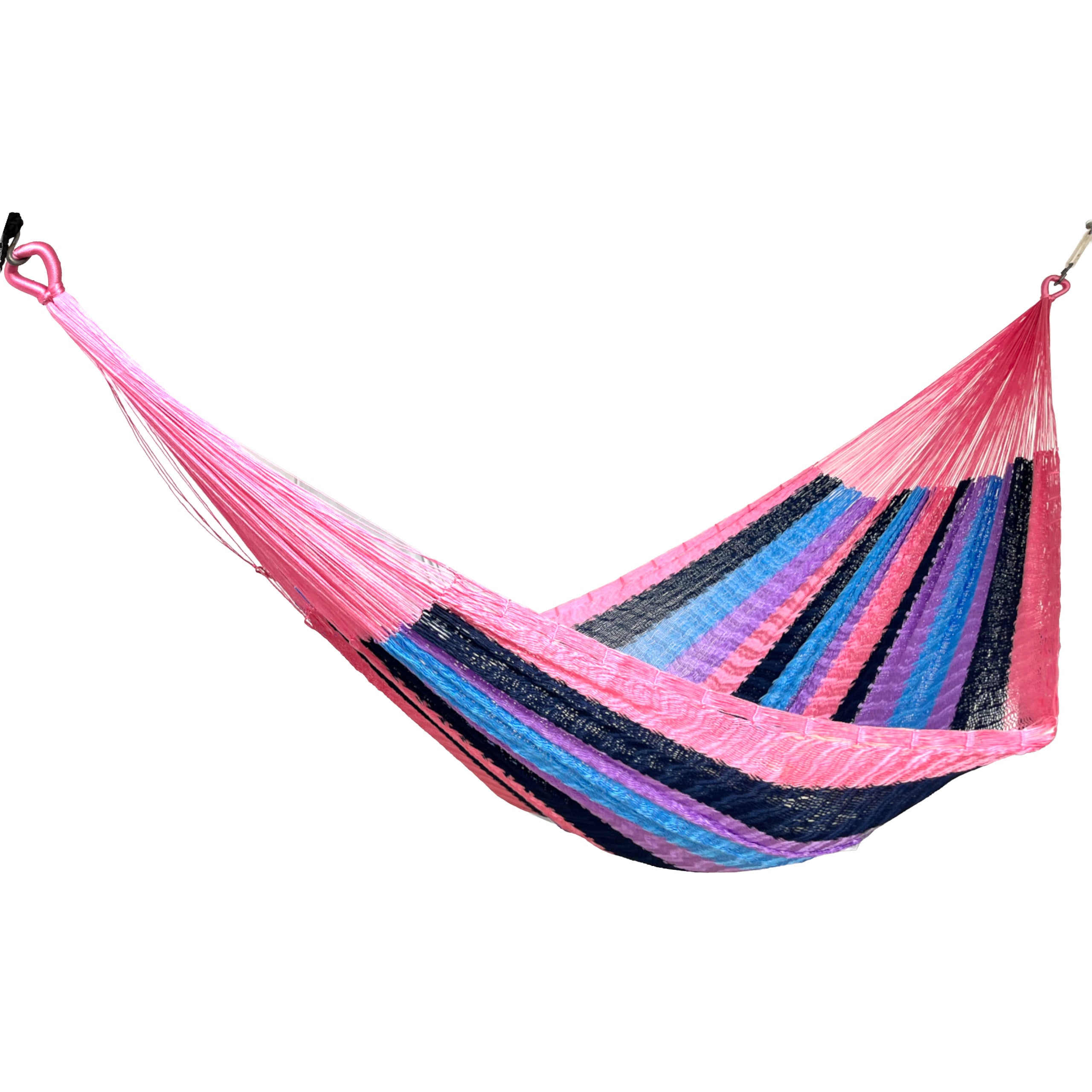 Hamaca Yucateca artesanal de nylon hilo 18 con combinación de colores colgada y abierta