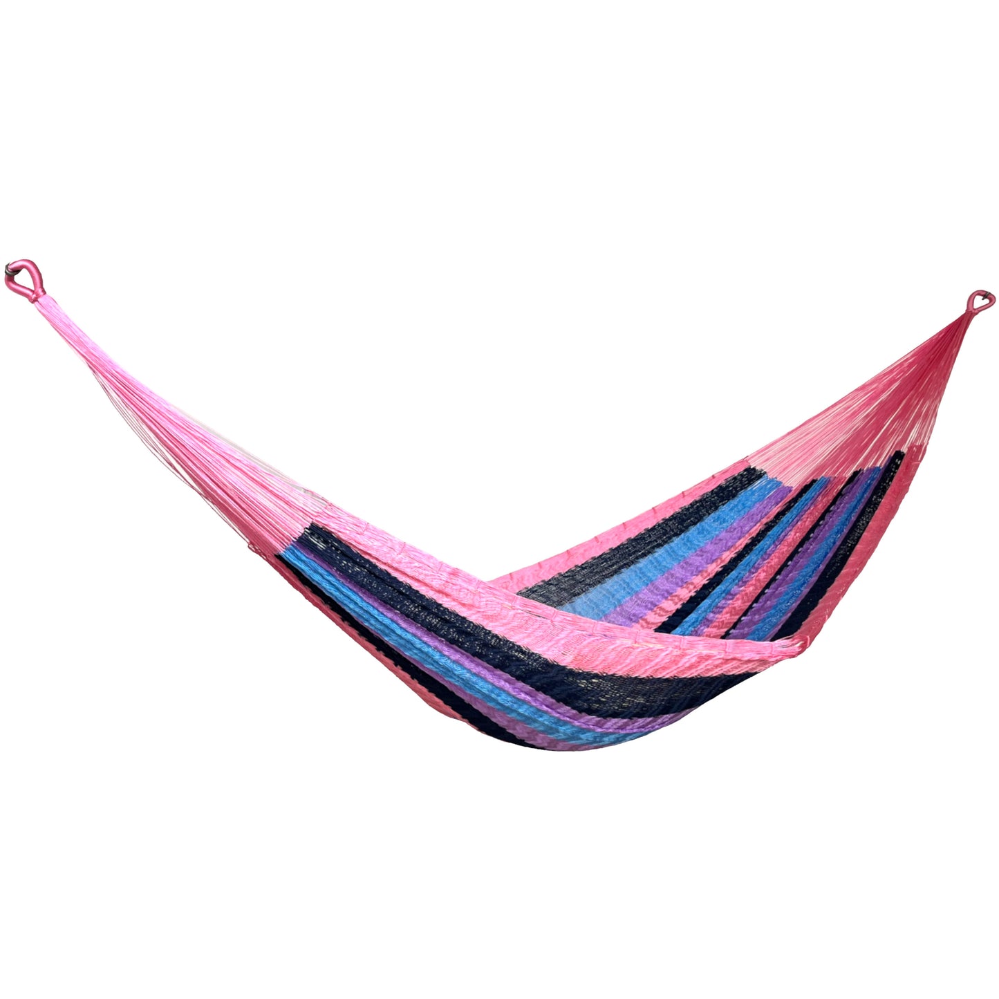 Hamaca Yucateca artesanal de nylon hilo 18 con combinación de colores vista lateral