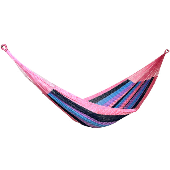 Hamaca Yucateca artesanal de nylon hilo 18 con combinación de colores vista lateral