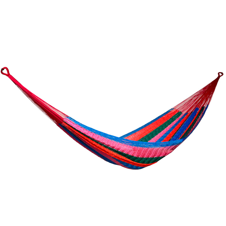 Hamaca Yucateca artesanal de nylon hilo 18 con mezcla de colores vista lateral