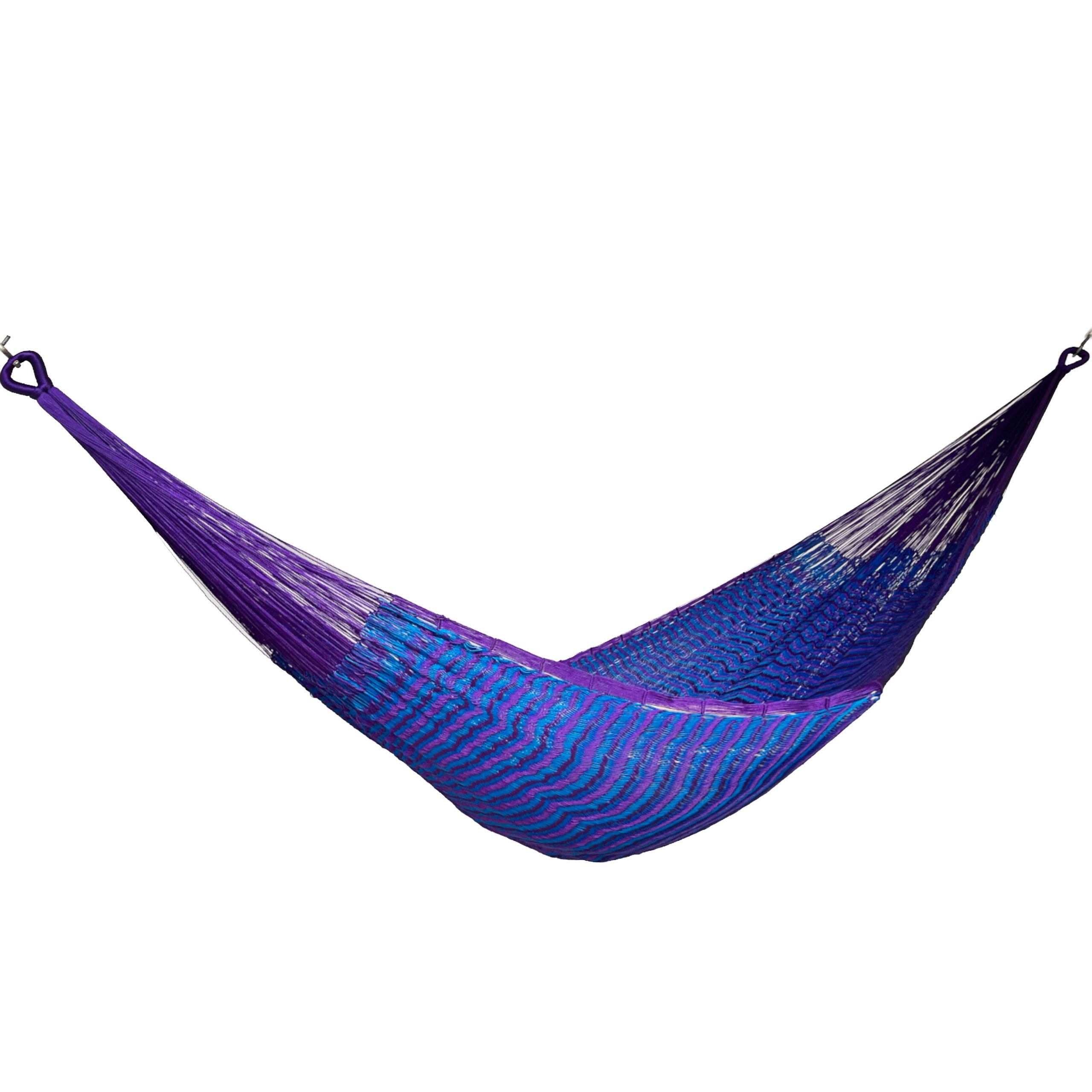 Hamaca Yucateca artesanal de nylon hilo 18 color morado y azul vista lateral