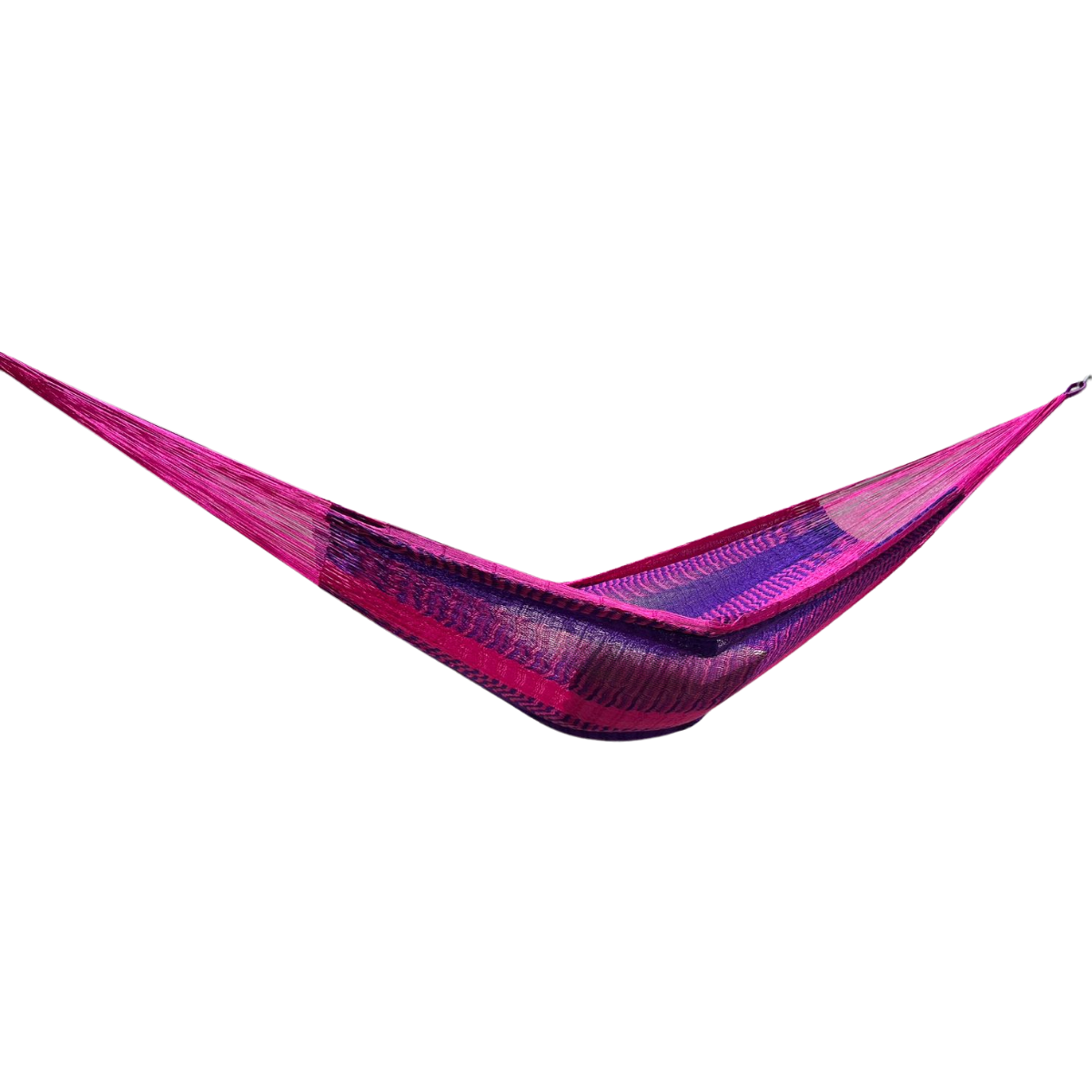 Hamaca Yucateca artesanal de nylon hilo 18 color morado y rosa vista lateral
