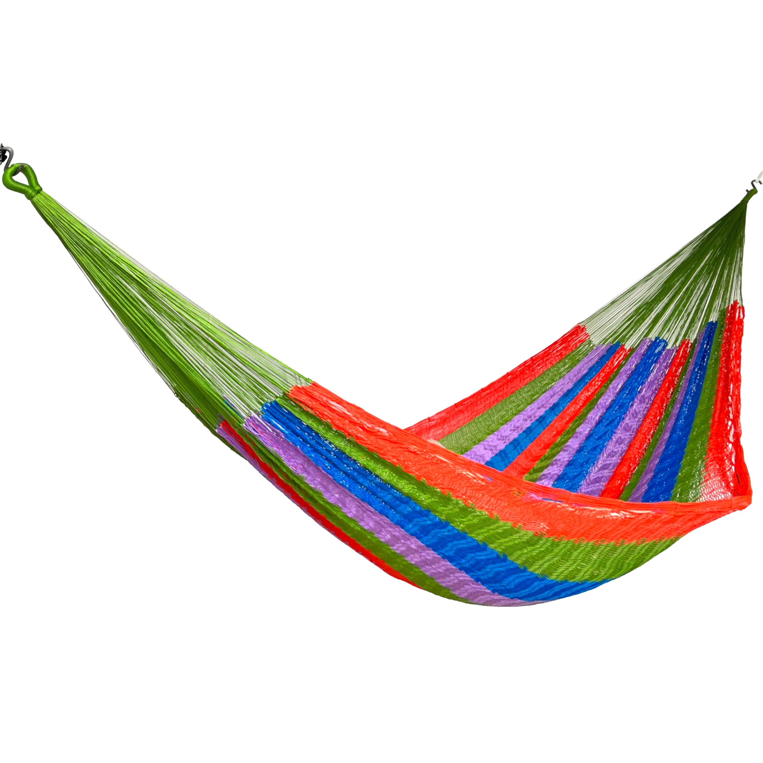 Hamaca Yucateca artesanal de nylon hilo 18 multicolor verde colgada y abierta