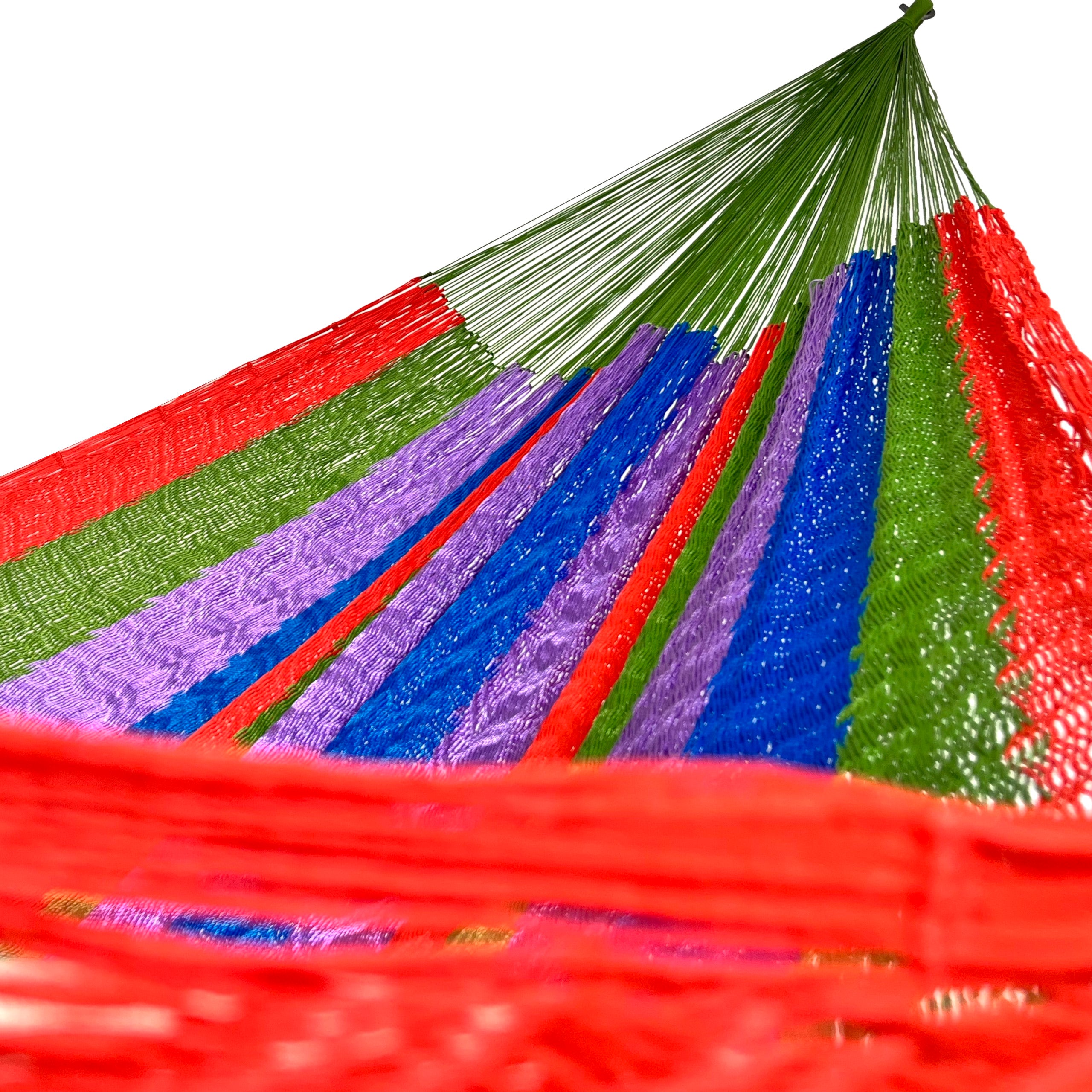 Interior mostrando brazo y tejido de hamaca Yucateca artesanal de nylon hilo 18 multicolor verde