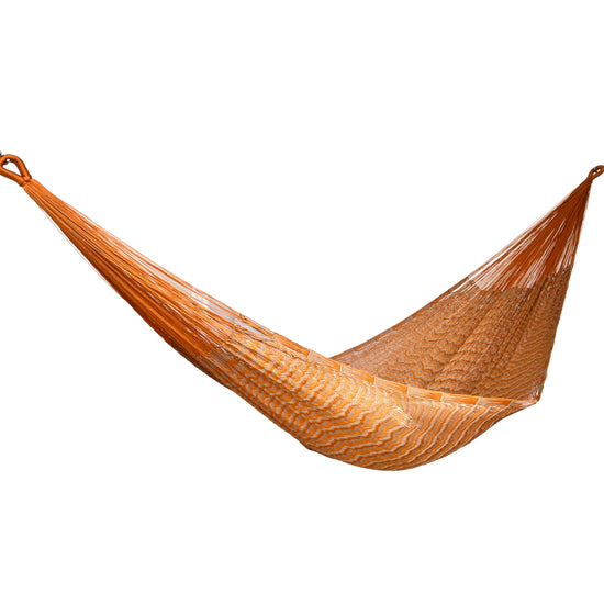 Hamaca Yucateca artesanal de nylon hilo 18 color naranja y café vista lateral